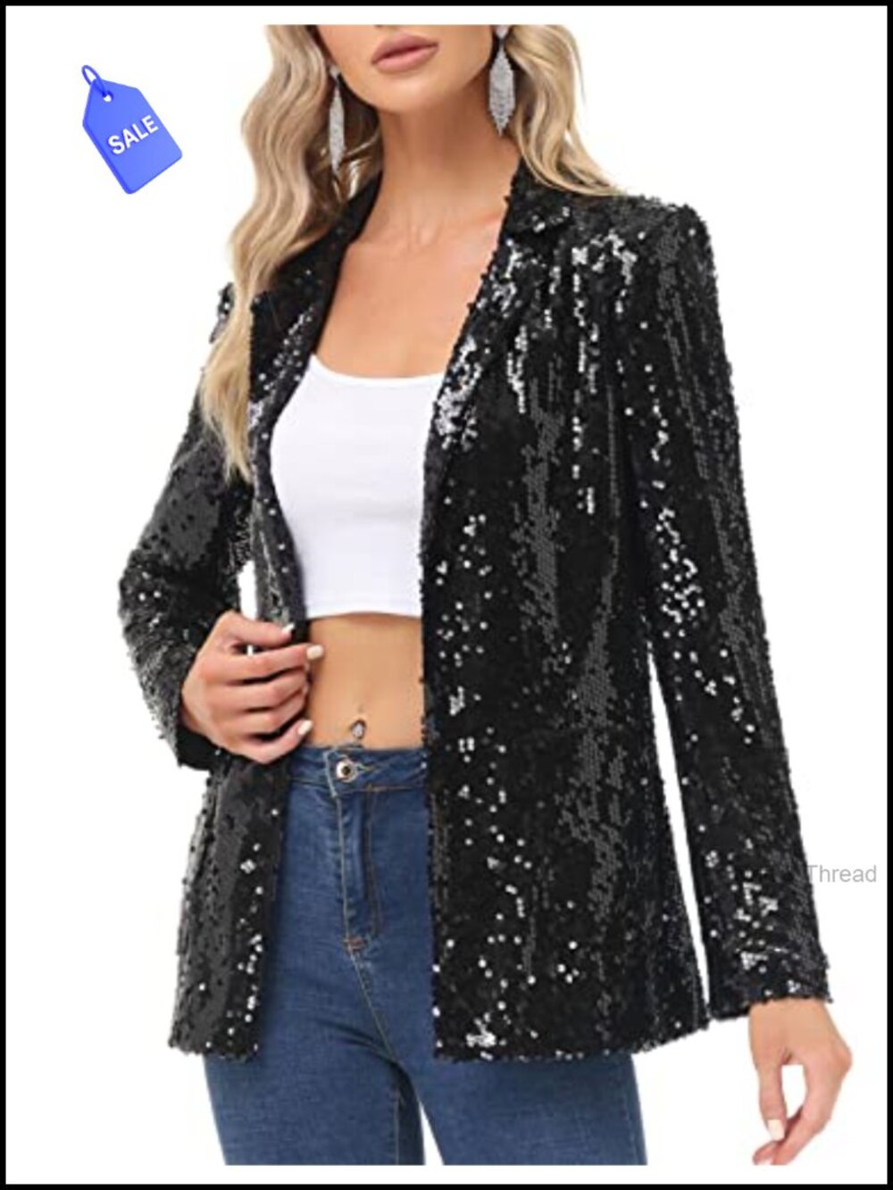 Sequin Blazer Jacket Open Front Long Sleeve Sparkly Cardigan Coat with Pockets